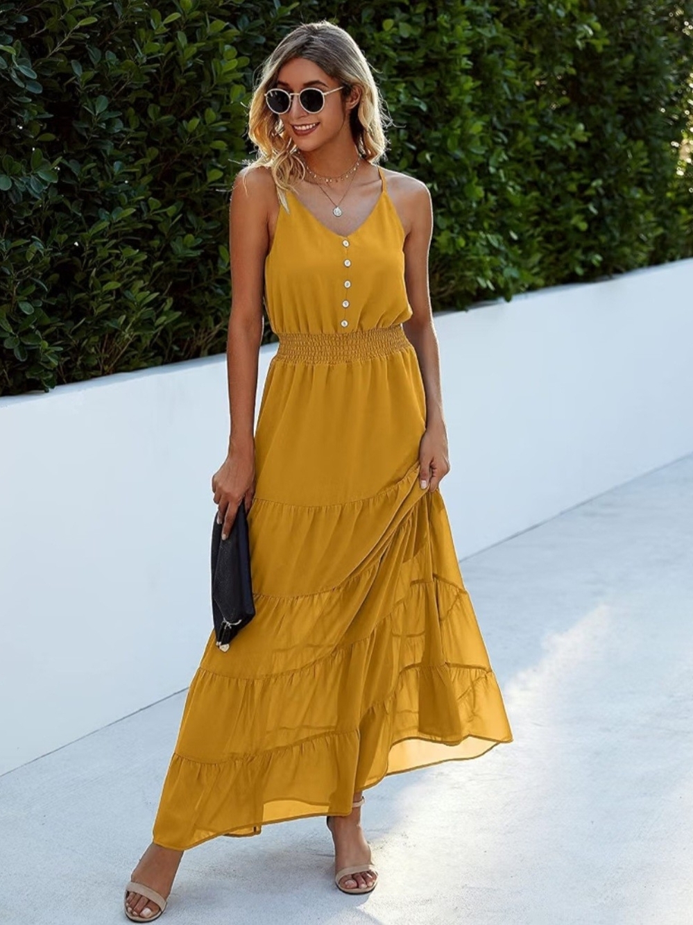 "New Pretty Garden" Women's Mustard Yellow Maxi Dress with Smocked Waist